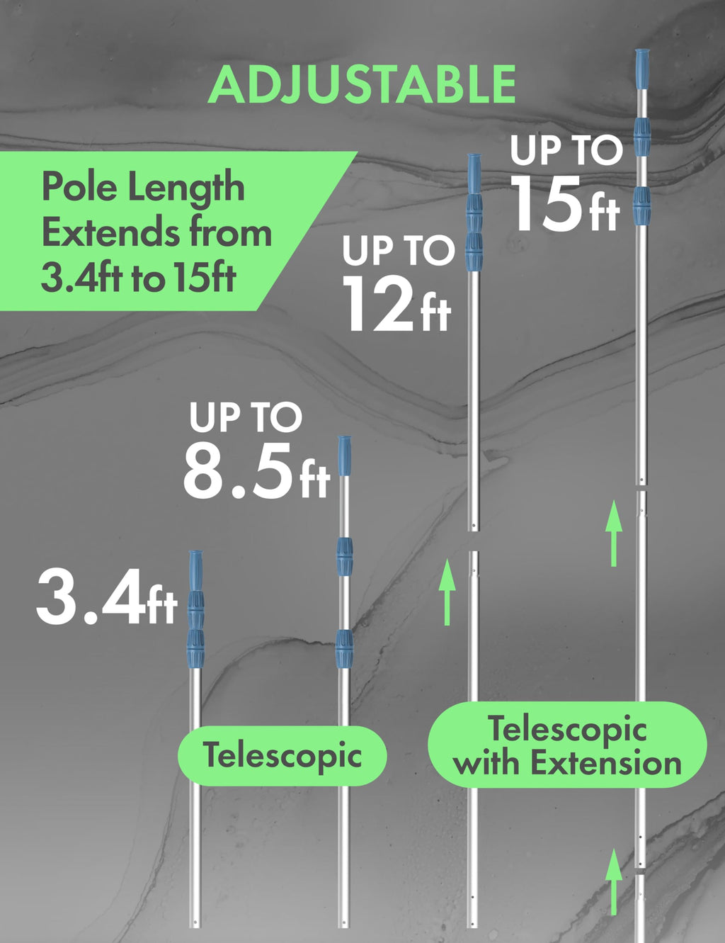 Professional 15ft Telescopic Aluminum Swimming Pool Pole Adjustable 3.4-15ft SilverBlue