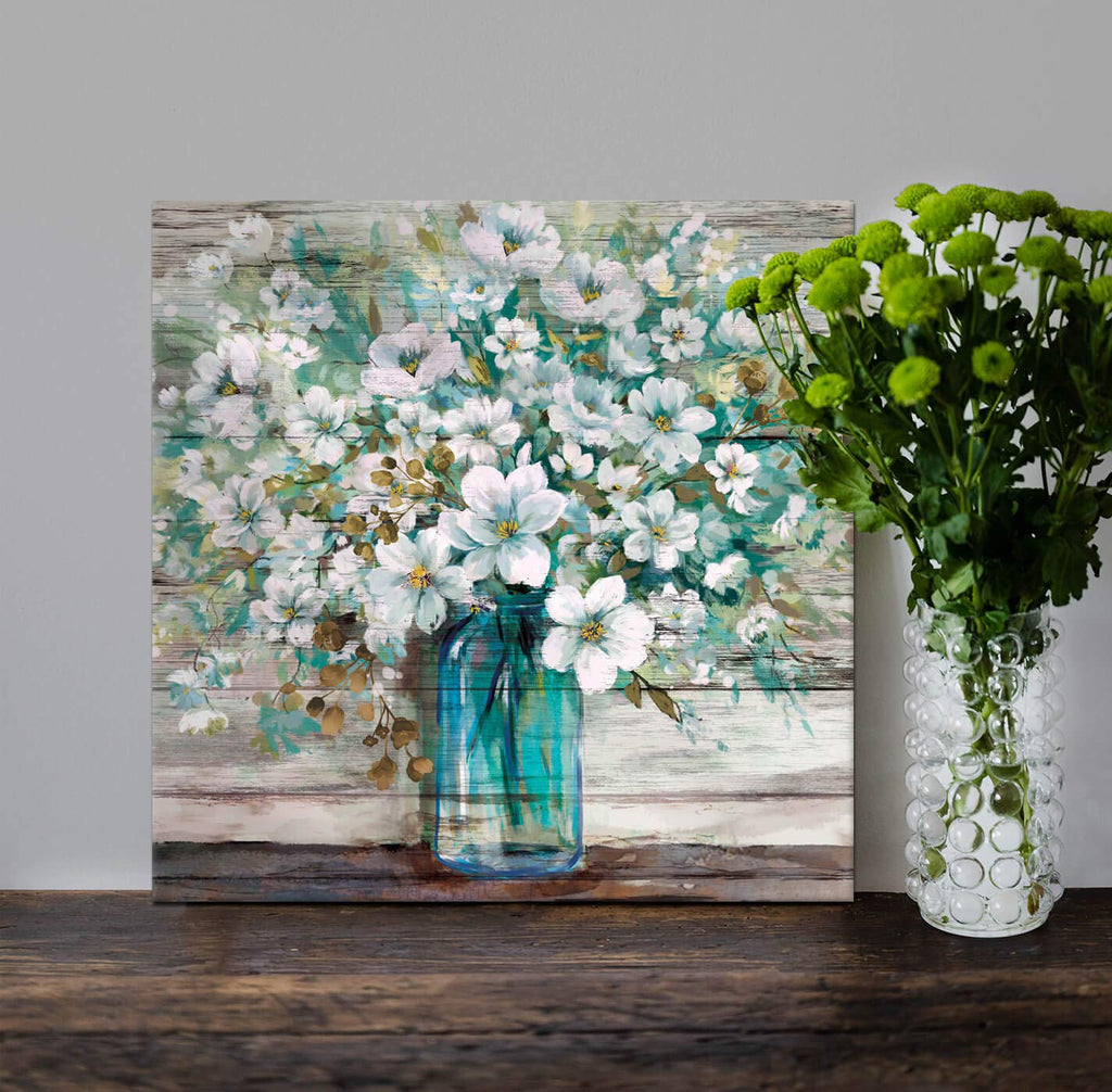 Country Style Canvas Wall Art Teal Blue Mason Bottle White Flower 20x20
