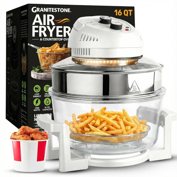 Qt Large Glass Air Fryer with 3 Cooking Sections and Stainless Steel Racks