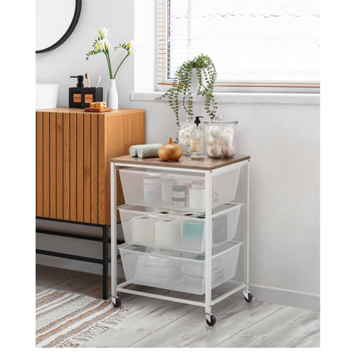 -Tier Rolling Storage Cart White with Wooden Top