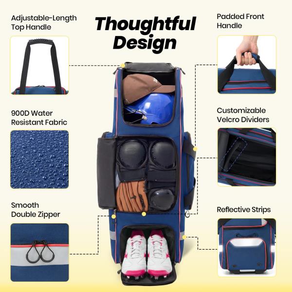L Rolling Baseball Catchers Gear Bag 3-Zone Storage Blue