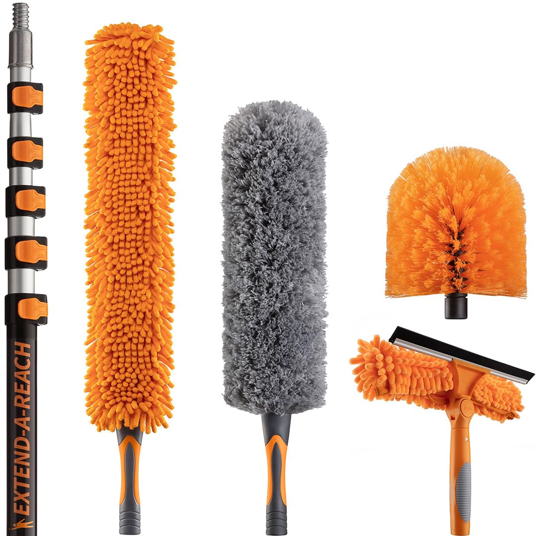 30 Foot High Reach Duster Kit with 5-24 ft Extension Pole // High Ceiling Dusting and Window Cleaning Kit with Telescopic Pole // Window Washer & Squeegee, Cobweb Duster, Fan Blade and Feather Duster Retail $99.00