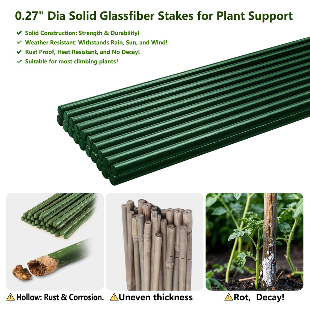 Pack 48 inch Solid Fiberglass Plant Support  Trellis Garden Stakes - Green