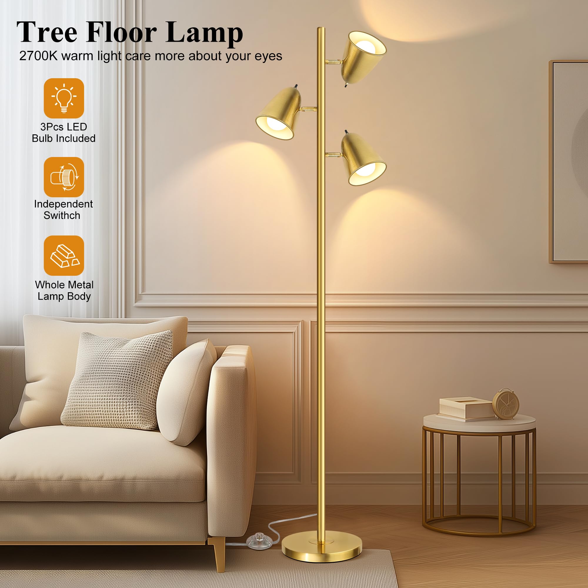 Brushed Gold Tree Floor Lamp with 3 Light Bulbs Standing Tall Pole Lamp 3 Adjustable Arms Retail $61.00