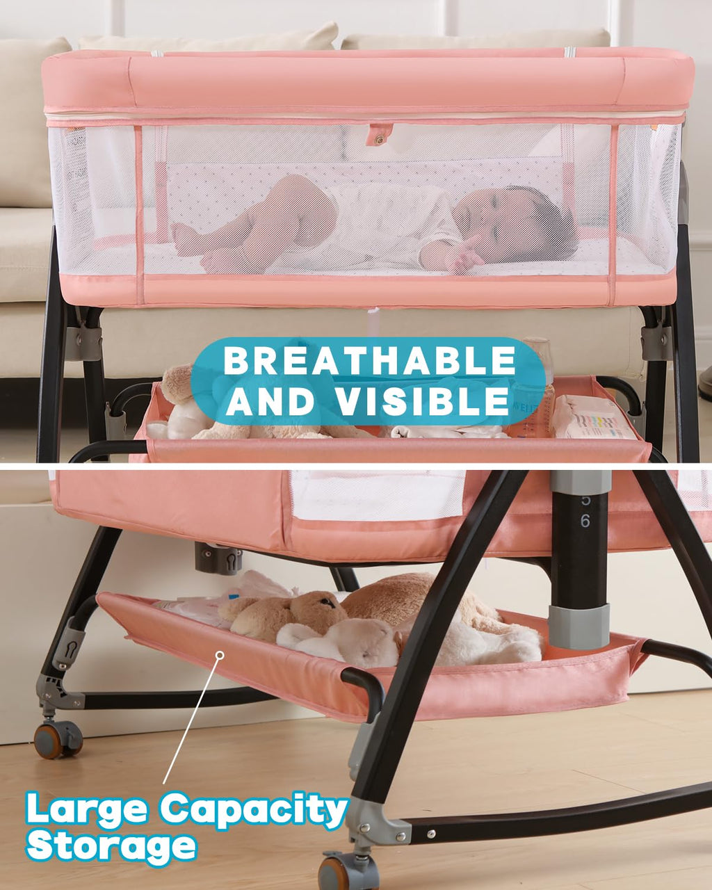 Pink Multi-functional Bedside Bassinet  Sleeper 6-Position Height Adjustable