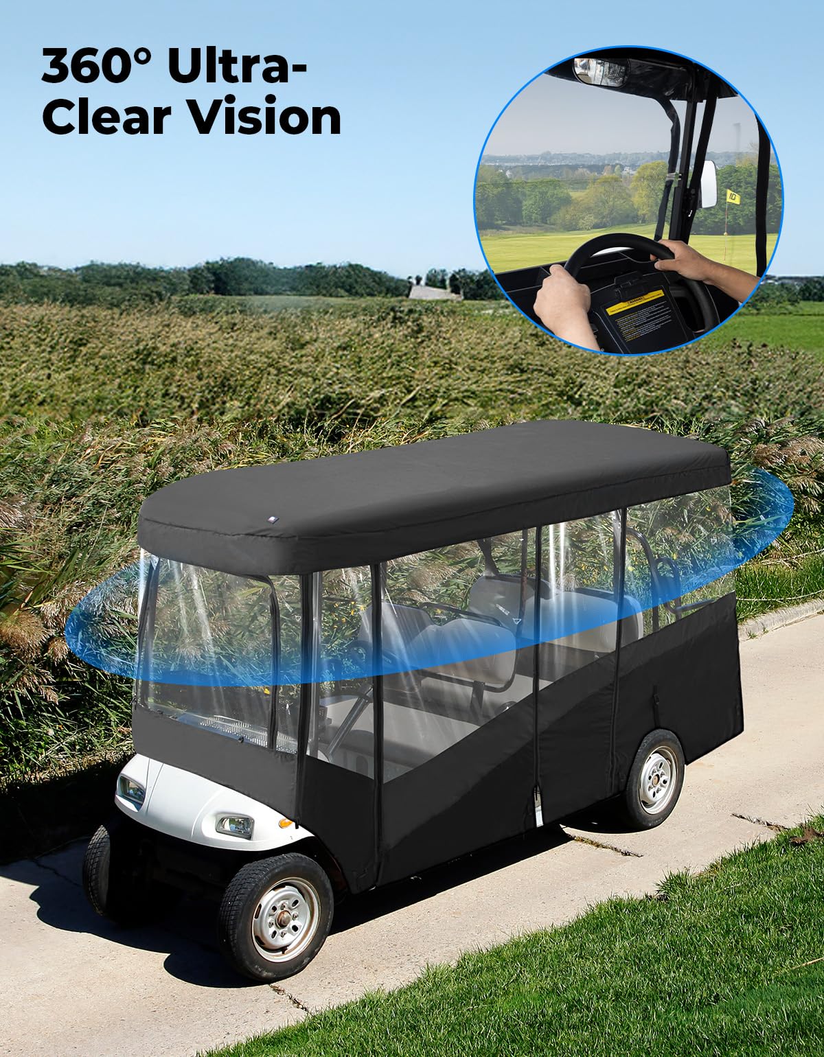 KEMIMOTO Golf Cart Enclosure, 6 Passenger Golf Cart Rain Cover, 600D Waterproof Driving Enclosure with Clear PVC Windshield for Extended Roof Golf Retail $199.00