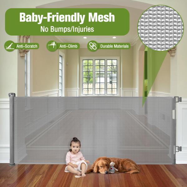 Wide Retractable Gate for Kids or Pets IndoorOutdoor Gray