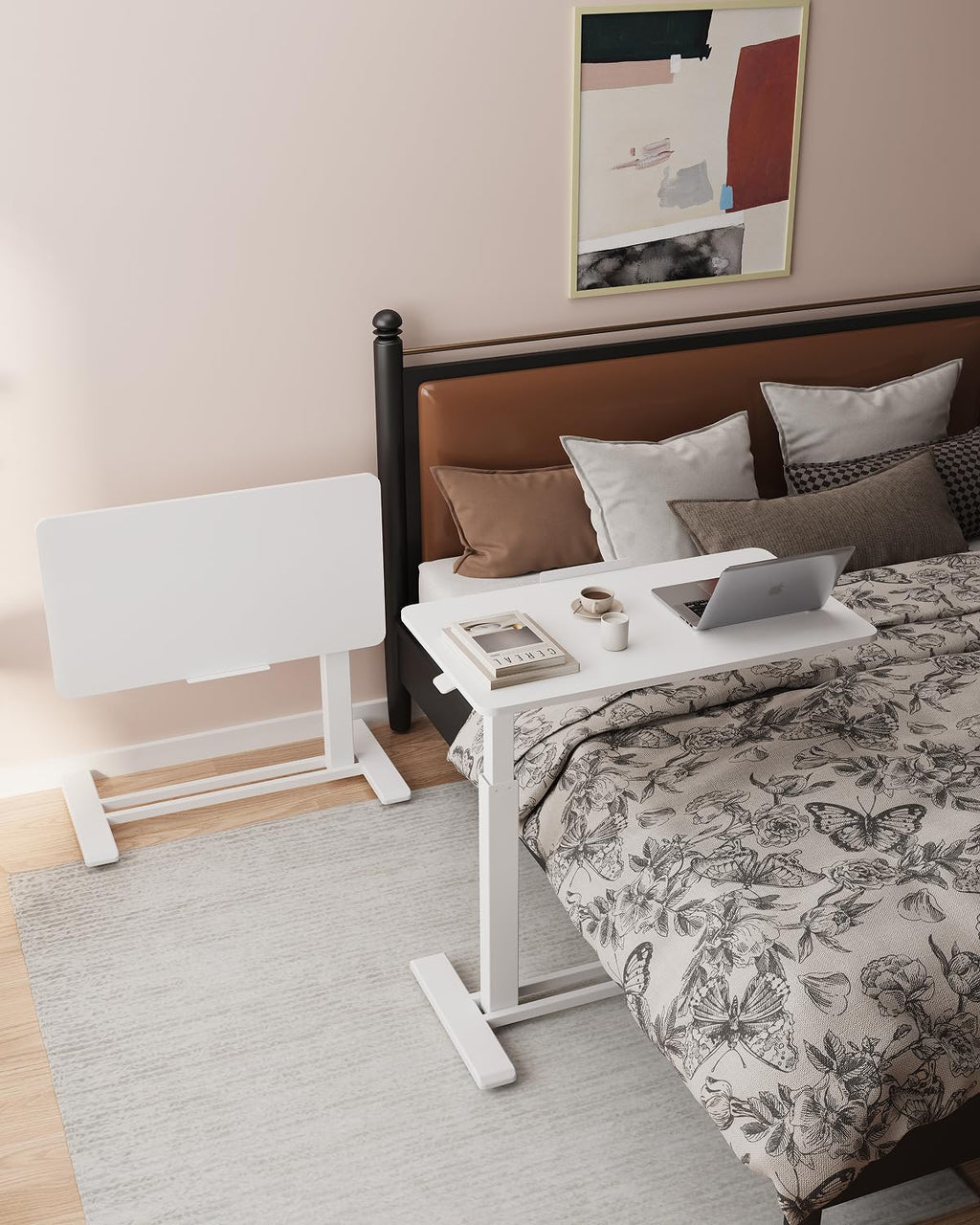 White Mobile Standing Desk Adjustable Overbed Table with Wheels 31.5 W x 17.7 D
