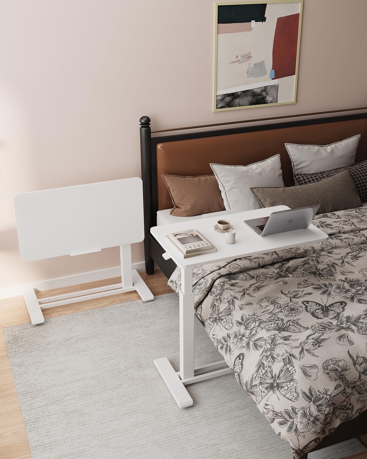 White Mobile Standing Desk Adjustable Overbed Table with Wheels 31.5 W x 17.7 D