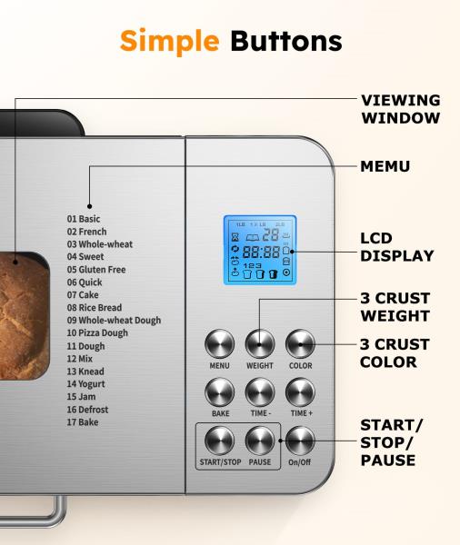 LB Automatic Bread Maker Machine 17 in 1 Stainless Steel Bread Machine 15 Hour Timer