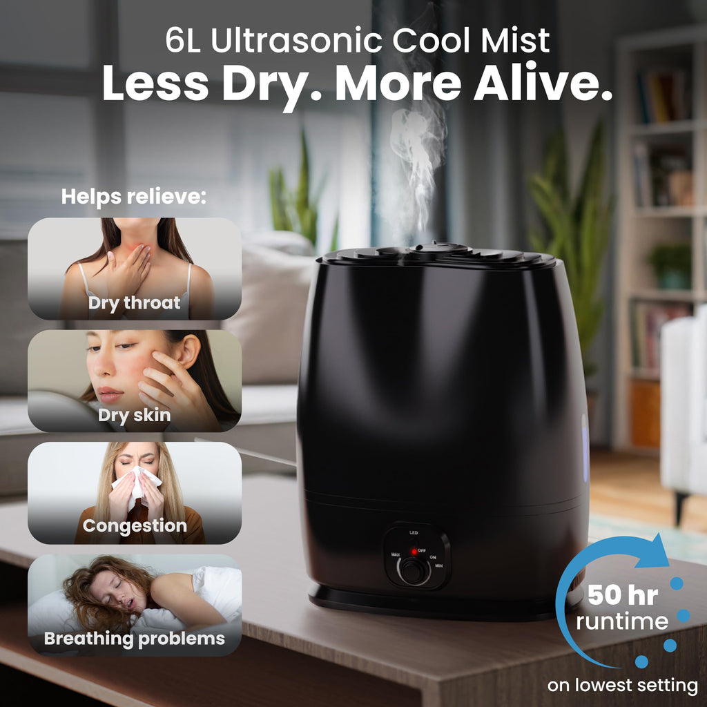 Black 6L Ultrasonic Cool Mist Humidifier with Oil Diffuser Whisper-Quiet