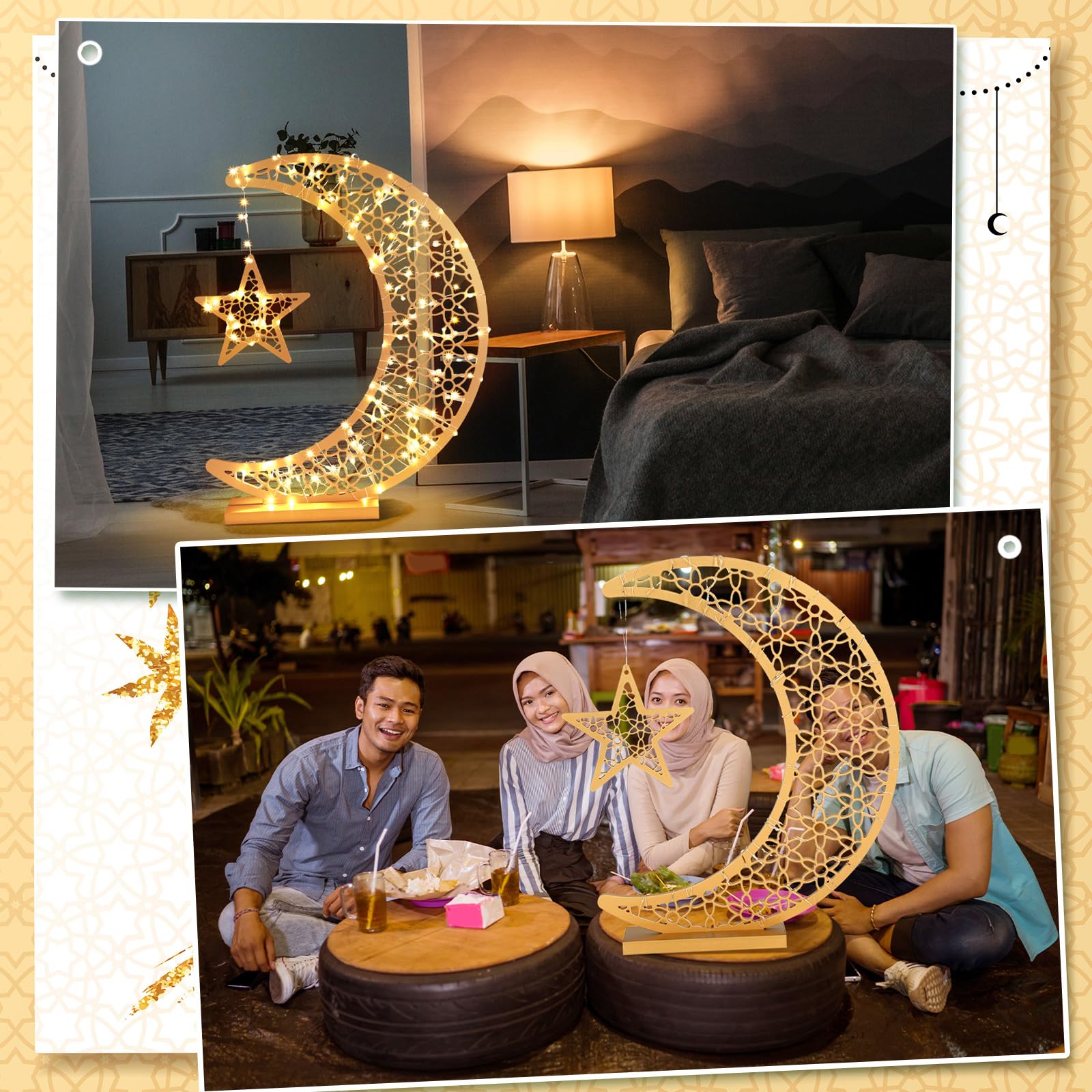 Ramadan Eid Crescent Star Wooden Light Decoration 20x17 Inches