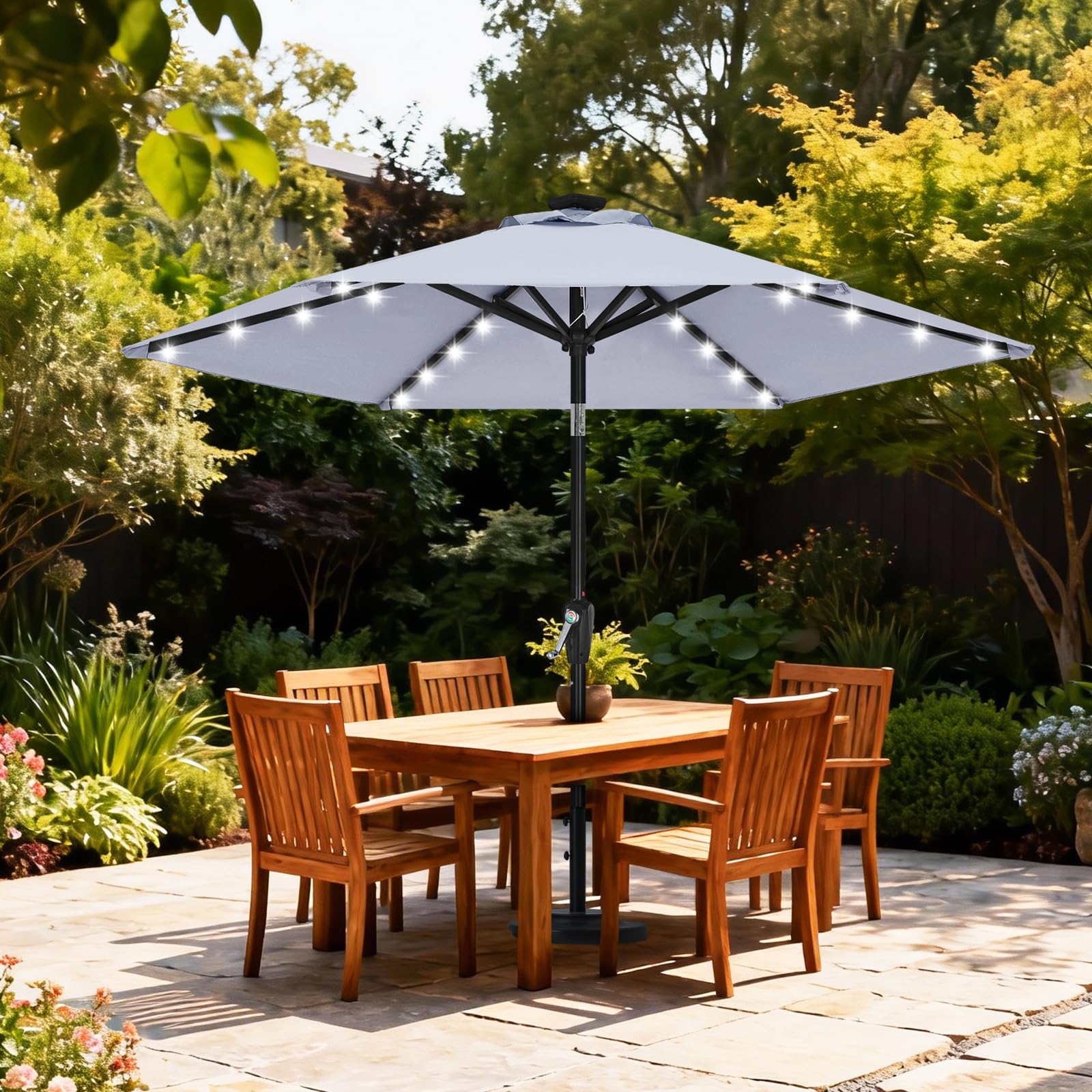 ABCCANOPY Durable Solar Led Patio Umbrellas with 24LED Lights 7.5FT with 6 Sturdy Ribs (Fog Gray) Retail $59.00