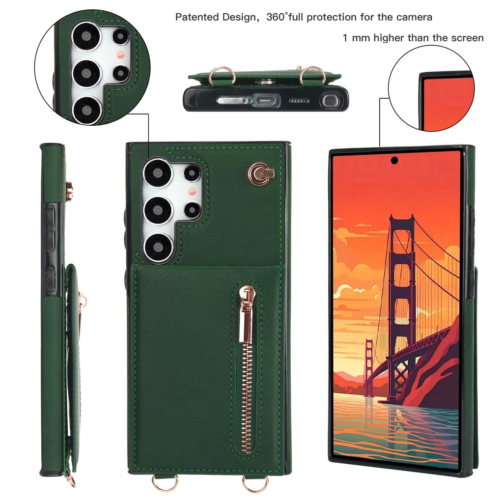 Green Samsung Galaxy S24 Ultra Wallet Flip Case w Crossbody Strap Card Holder  Kickstand