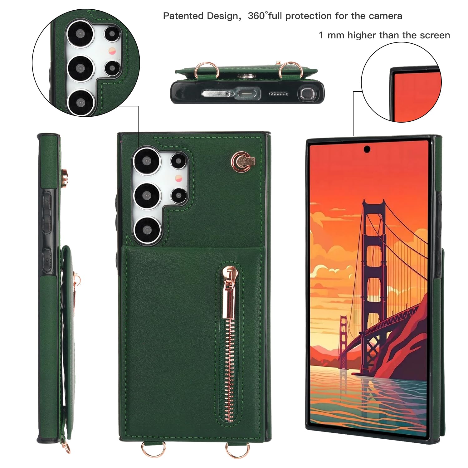 Green Samsung Galaxy S24 Ultra Wallet Flip Case w Crossbody Strap Card Holder  Kickstand