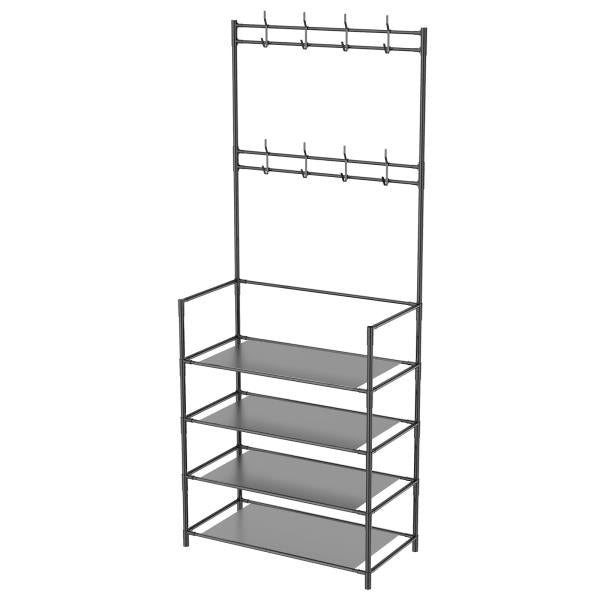 -Tier Space-Saving Hall Tree with Shoe and Hat Rack Waterproof Metal Black