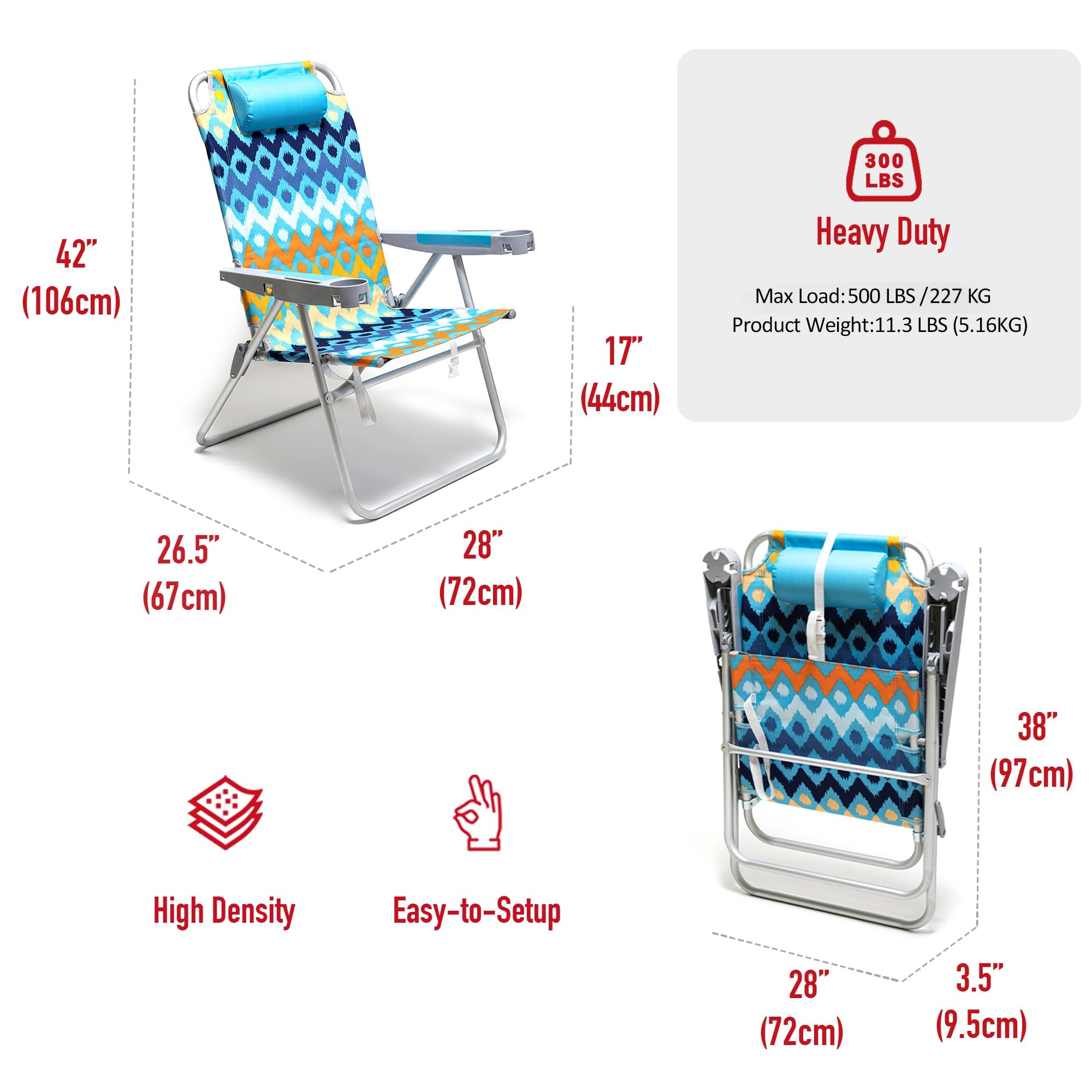 Blue Oversized 5-Position Reclining Beach Chair with Cup Holder High Back