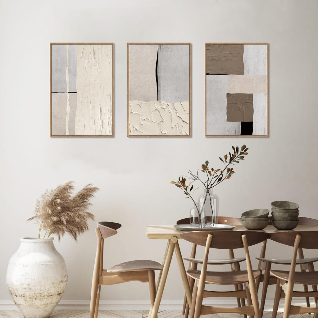 New LHIUEM Large Abstract Neutral Framed Canvas Wall Art Set 24x36x3 Mid-Century Style. Retail $116.00