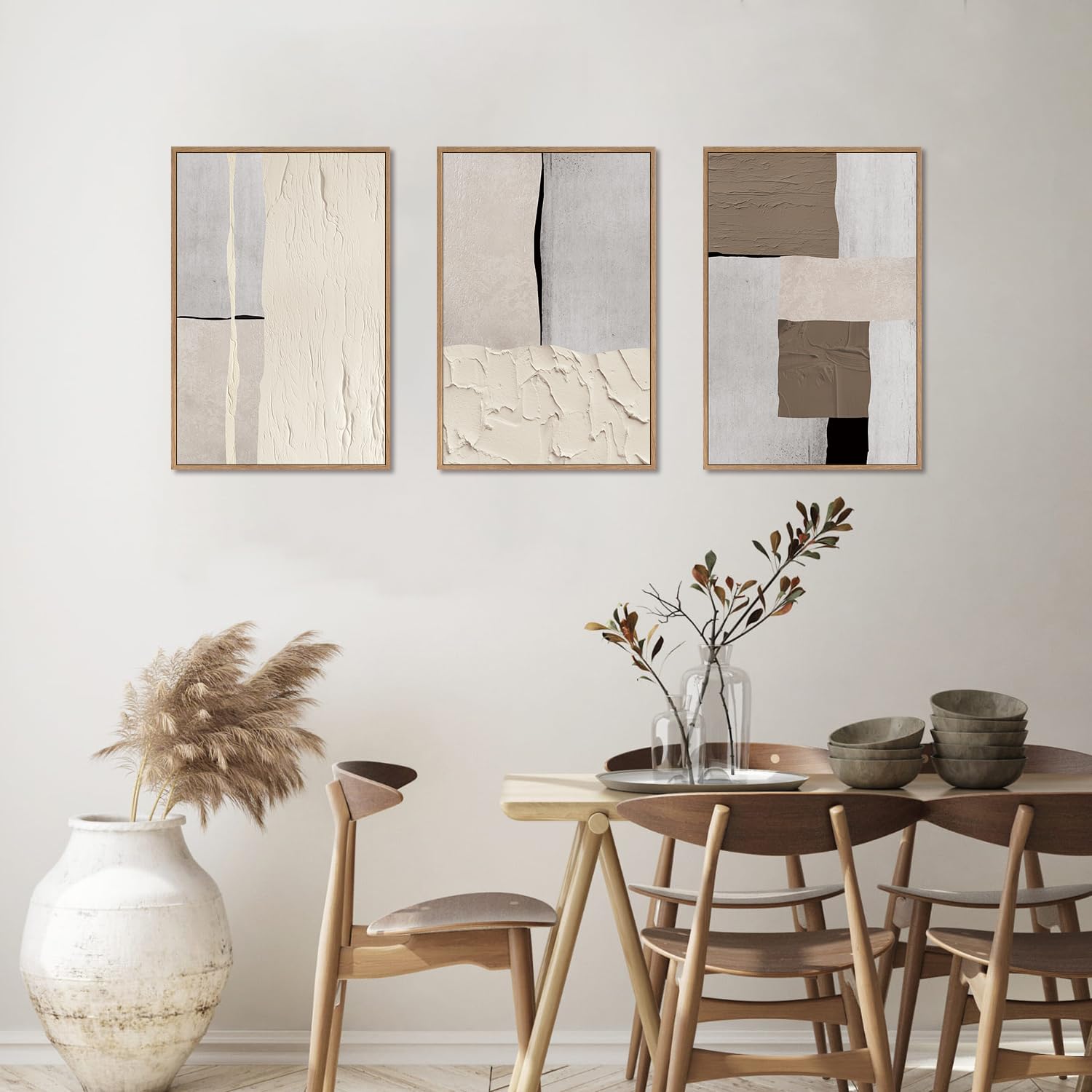 New LHIUEM Large Abstract Neutral Framed Canvas Wall Art Set 24x36x3 Mid-Century Style. Retail $116.00