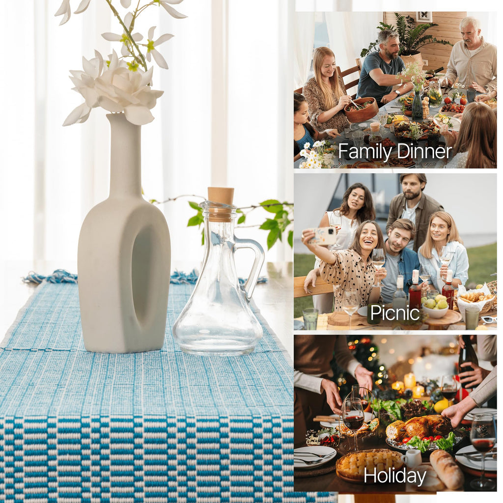 White Teal Blue Farmhouse Woven Table Runner 104 Inch Retail $29.00
