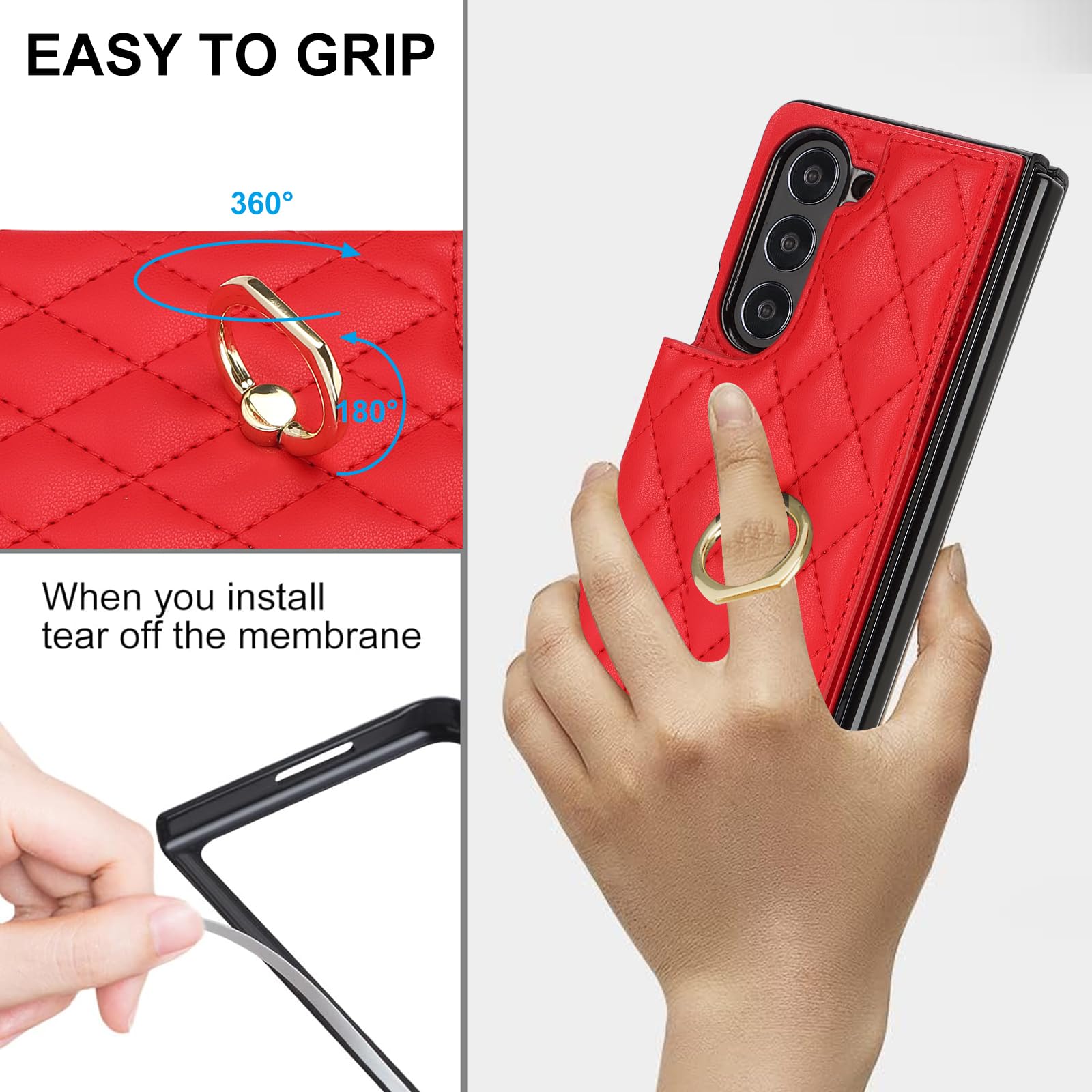 Red Samsung Galaxy Z Fold 5 Wallet Flip Case w Ring Card Holder Cash Slot  Kickstand