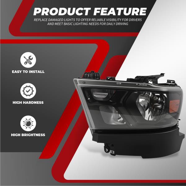 Left Halogen Headlight Assembly for 2019-2023 Ram 1500 Black Housing