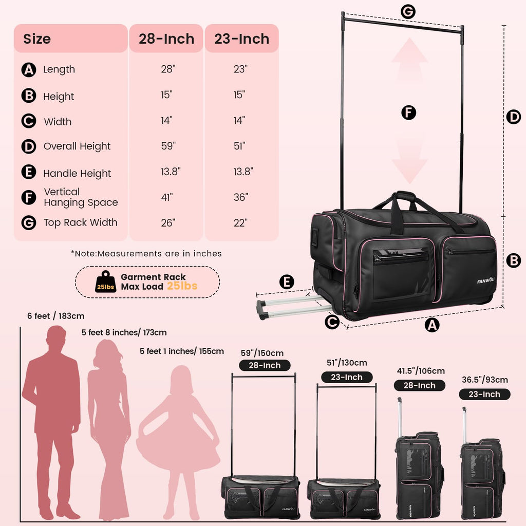 BlackPink Trim Dance Bag with Garment Rack Wheeled Travel 28x15x14