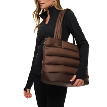 Large Brown Puffer Tote Bag with Laptop Pocket Adjustable  Luggage Strap