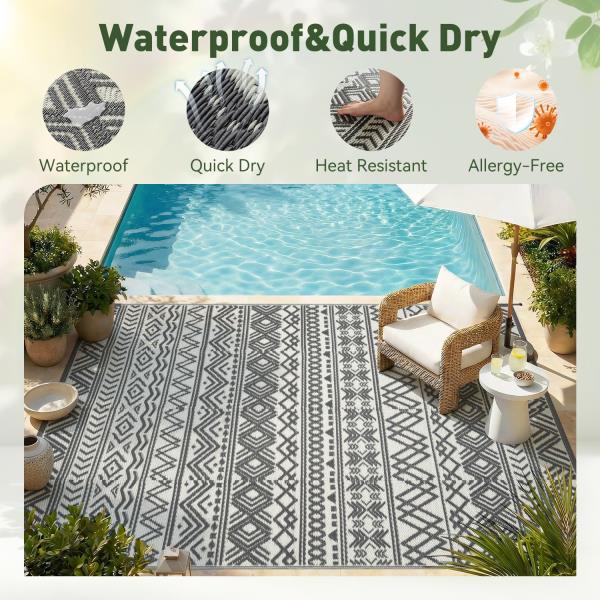 x8 Reversible Waterproof Plastic Straw Outdoor Patio Rug Boho Grey