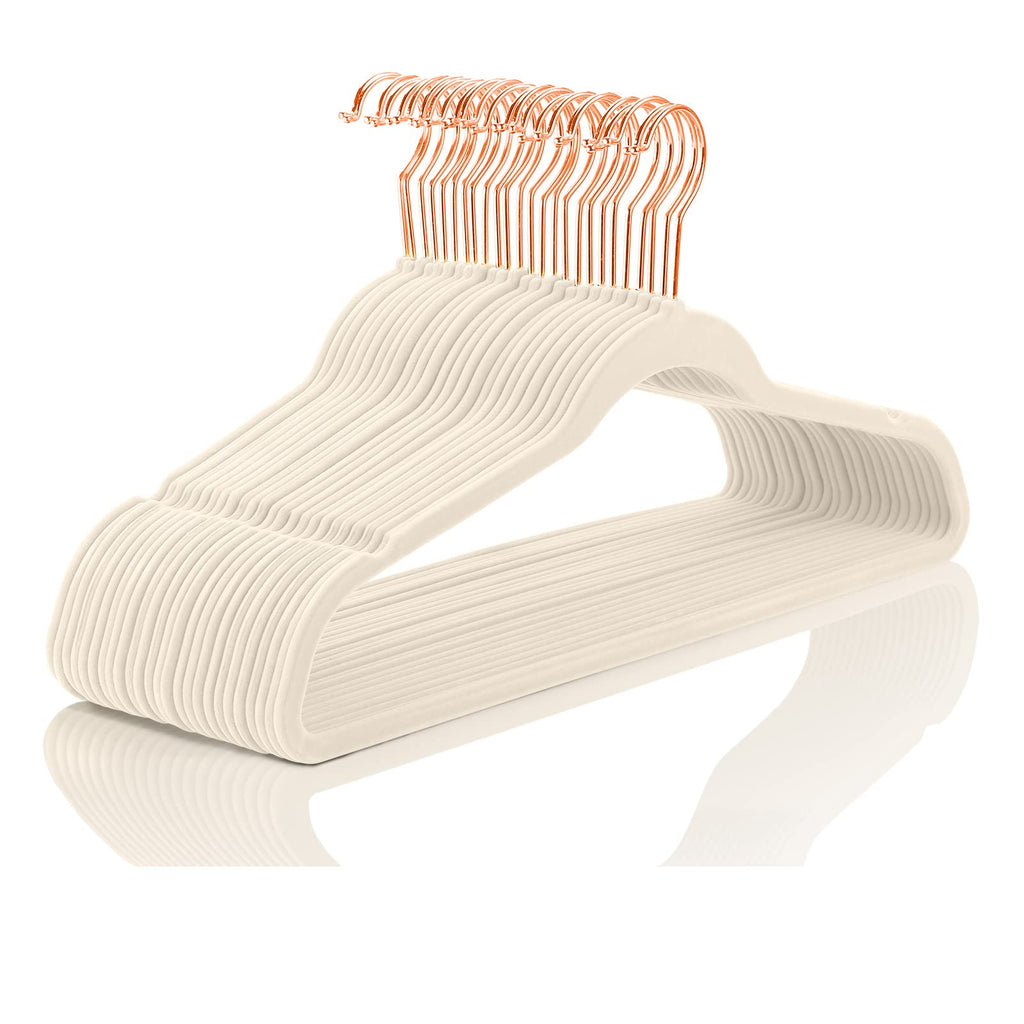 MIZGI Premium Velvet Hangers (50 Pack) Heavy Duty - Non Slip Felt Hangers - Velvet Suit Hanger Ivory - Rose Gold Hooks,Space Saving Clothes Hanger