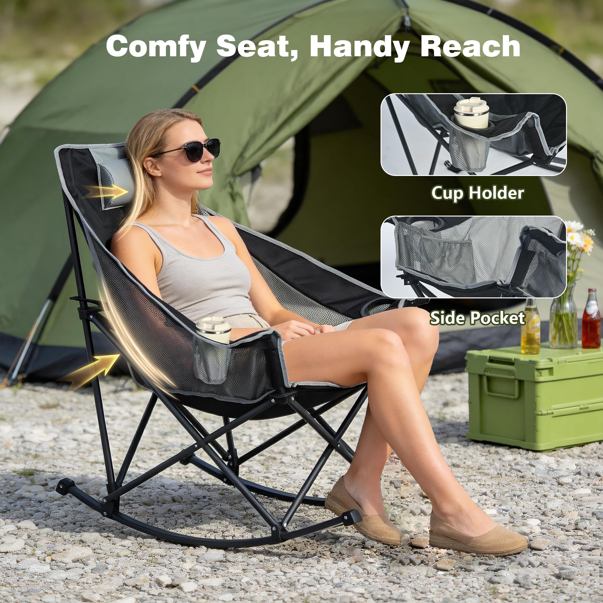 Oversized Rocking Camping Chair Fully Padded High Back Black Grey