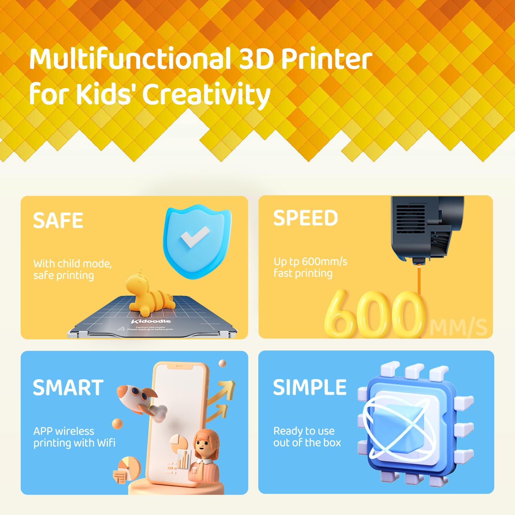 Mini 3D Printer for Kids with Wi-Fi Control 5 Touch Screen  Child-Safe Lock - Orange
