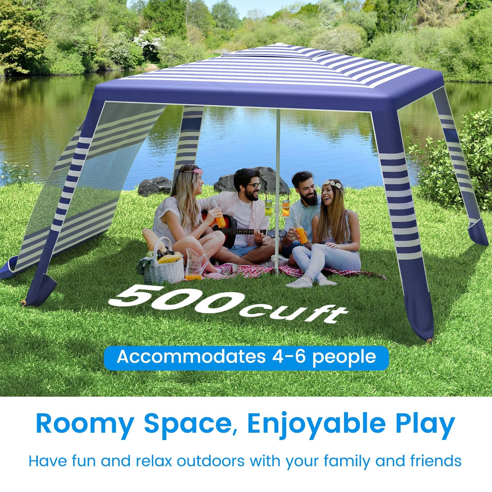 MoKo Beach Cabana, 8'×8' Large Beach Canopy with Side Wall, UPF 50+ Protection Easy Setup Beach Tent Sun Shelter, Adjustable Height Wind Resistant Cabana Beach Tent for Whole Family, Navy Stripes Retail $95.00