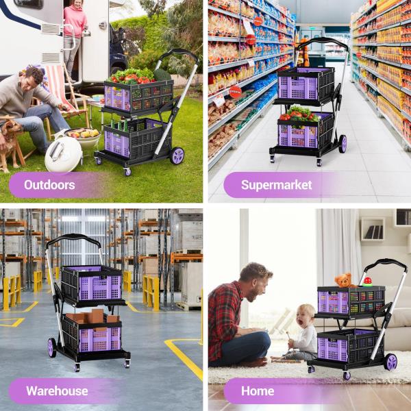 -in-1 200LBS Collapsible Utility Cart with 2 Storage Crates and Adjustable Handle - Purple