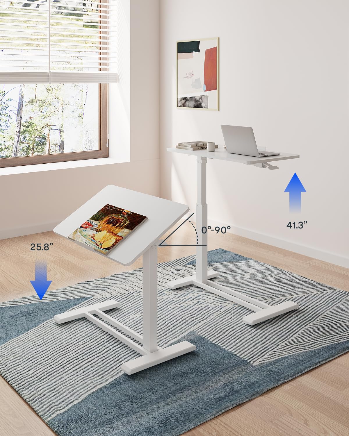 White Mobile Standing Desk Adjustable Overbed Table with Wheels 31.5 W x 17.7 D