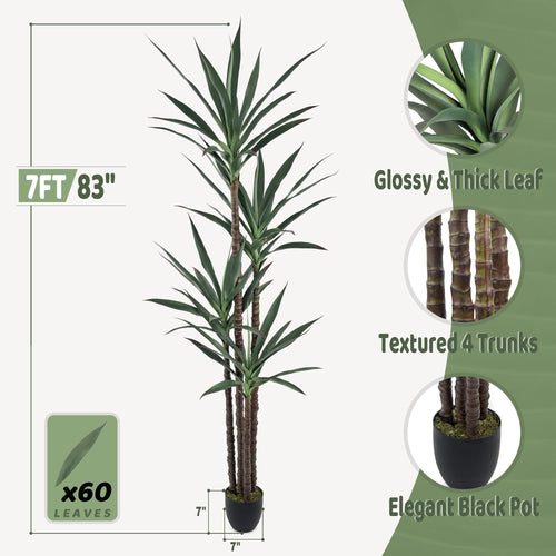 Artificial Agave Plant Tree 7FT Tall 60 Leaves 4 Trunks with Black Pot