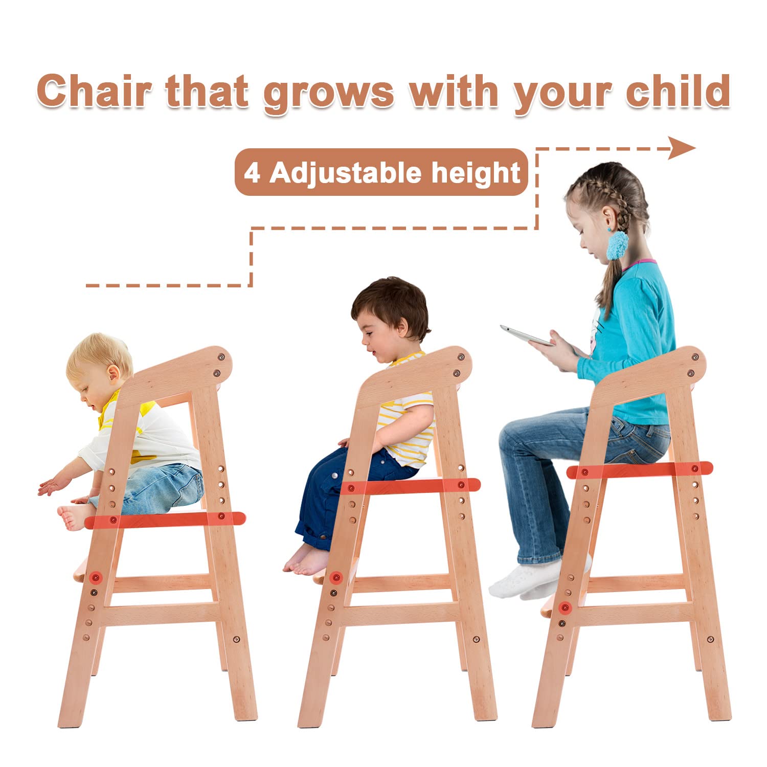 YOLEO High Chair Wooden for Toddlers Junior Childs, Sturdy Durable Dining Feeding Chair with Steps Grows with Child, Max 60kg (Natural Color) Retail $79.00