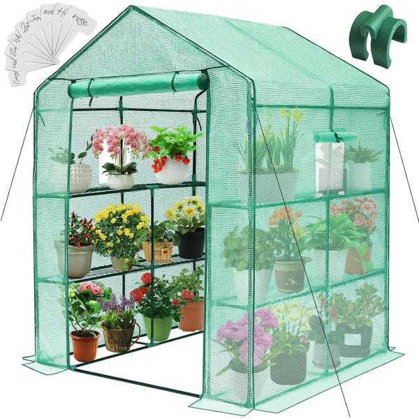 Walk-in Greenhouse 57 x 57 x 76 3 Tiers 8 Shelves with PE Cover and Window