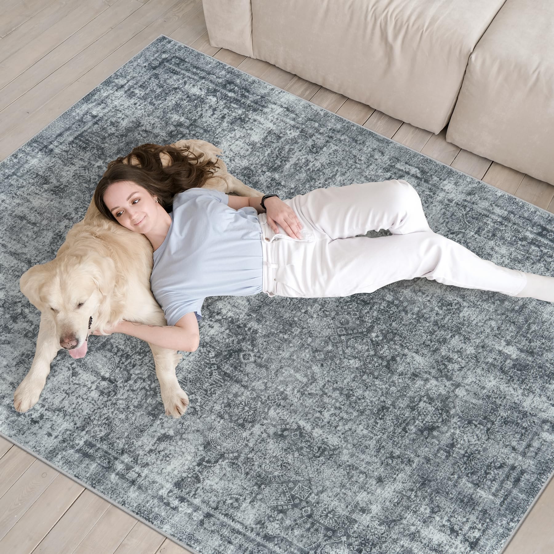 Black Grey 8x10 Washable Non-Slip Vintage Abstract Low-Pile Area Rug