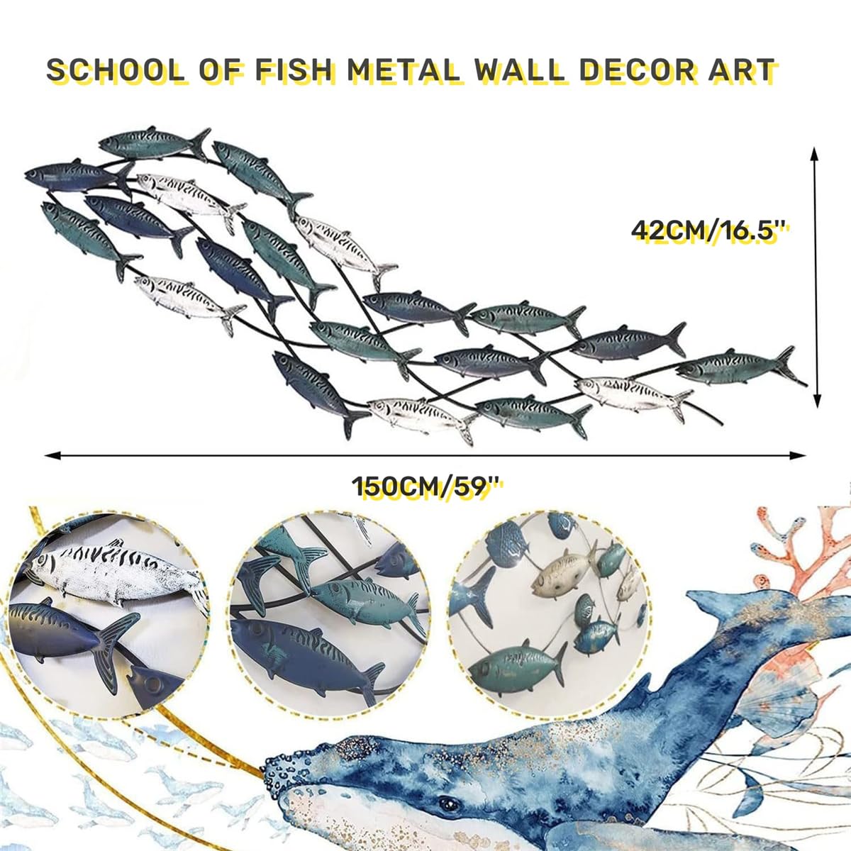 Large Metal School of Fish Wall Art Decor 59.0 x 16.5 Inches BlueWhiteGreen $79.50