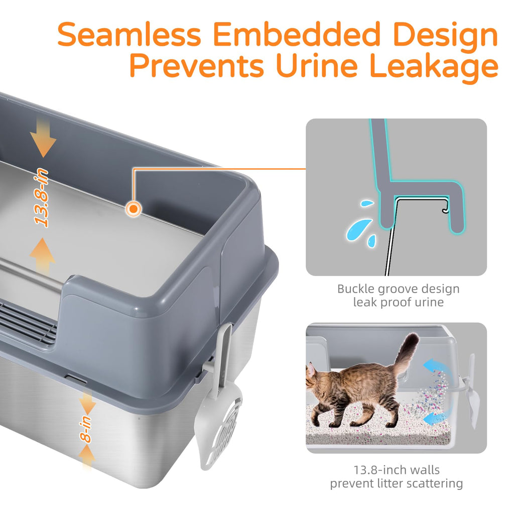 XL Gray High-Sided Stainless Steel Cat Litter Box