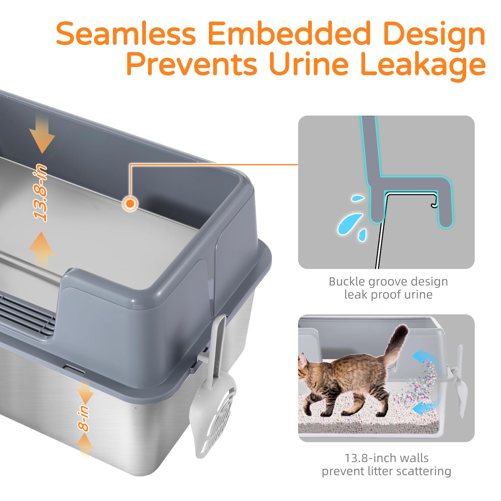 XL Gray High-Sided Stainless Steel Cat Litter Box