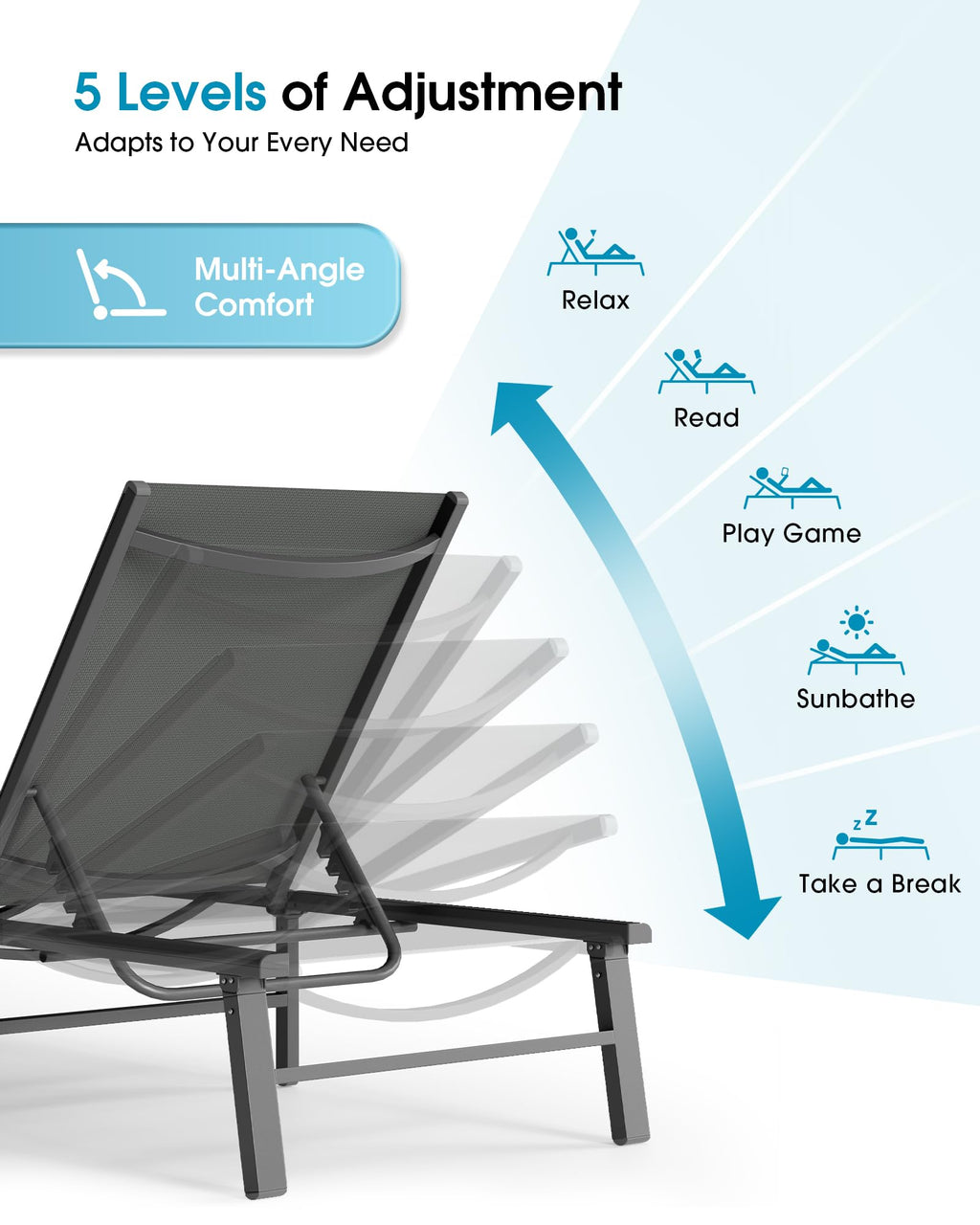 Foldable Outdoor Aluminum Patio Chaise Lounge Chair 5-Position Grey