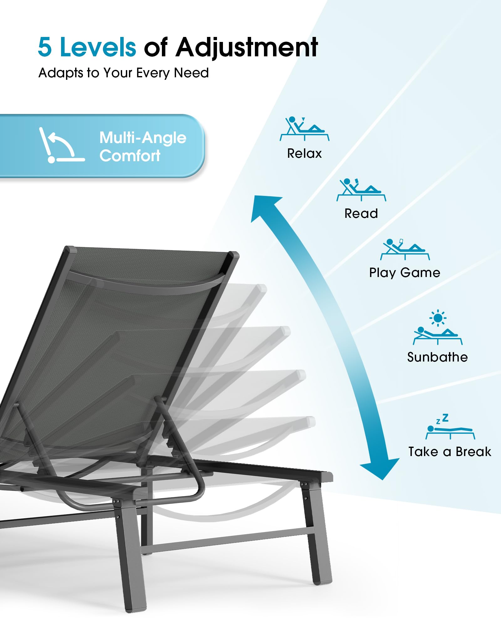 Foldable Outdoor Aluminum Patio Chaise Lounge Chair 5-Position Grey