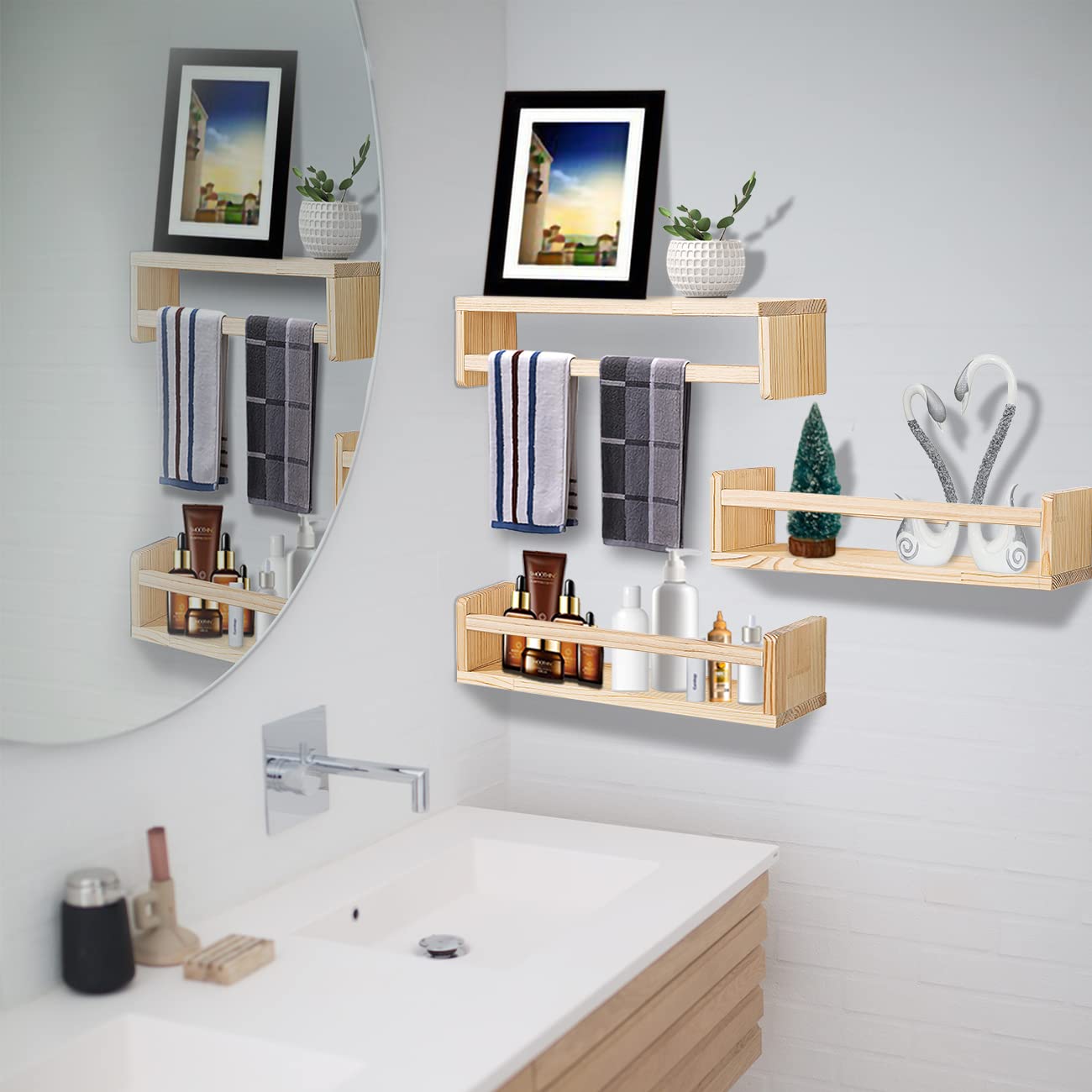 Set of 3 24-Inch Rustic Natural Wood Floating Wall Book Shelves