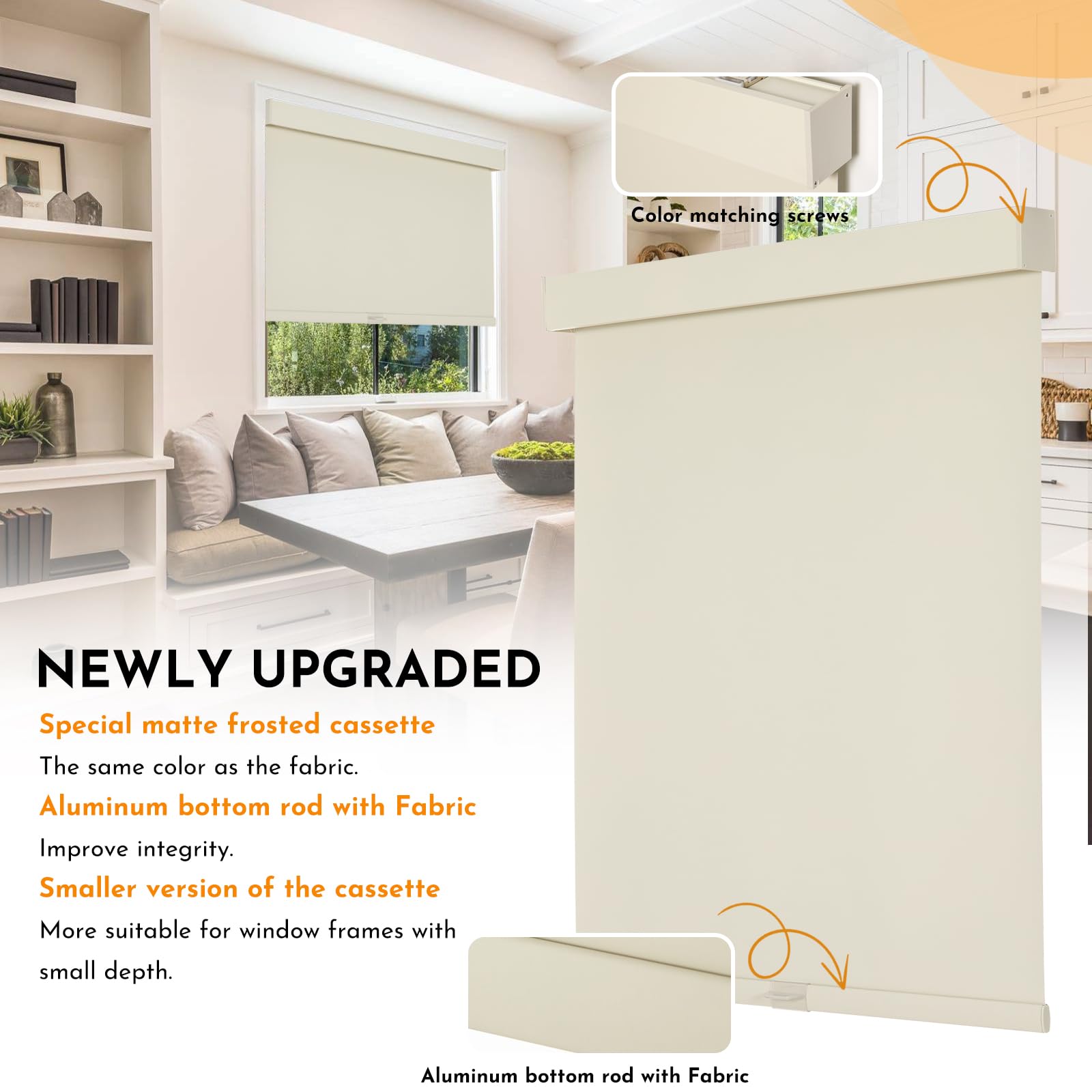 Beige Cordless Blackout Roller Shades 34.5W x 64H with Valance Thermal Insulated Free-Stop Retail $54.00