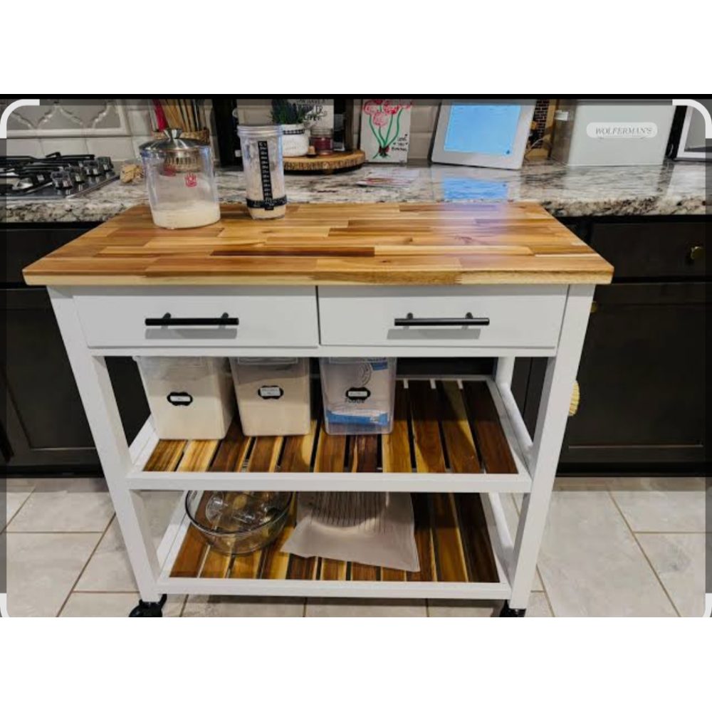 Acacia Wood Top Kitchen Cart with 2 Drawers 2 Shelves WhiteNatural Wood