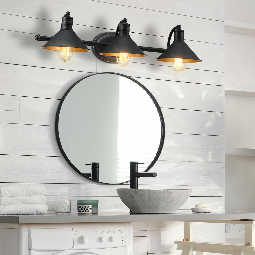 -Light Farmhouse Bathroom Vanity Wall Sconce - Black and Gold