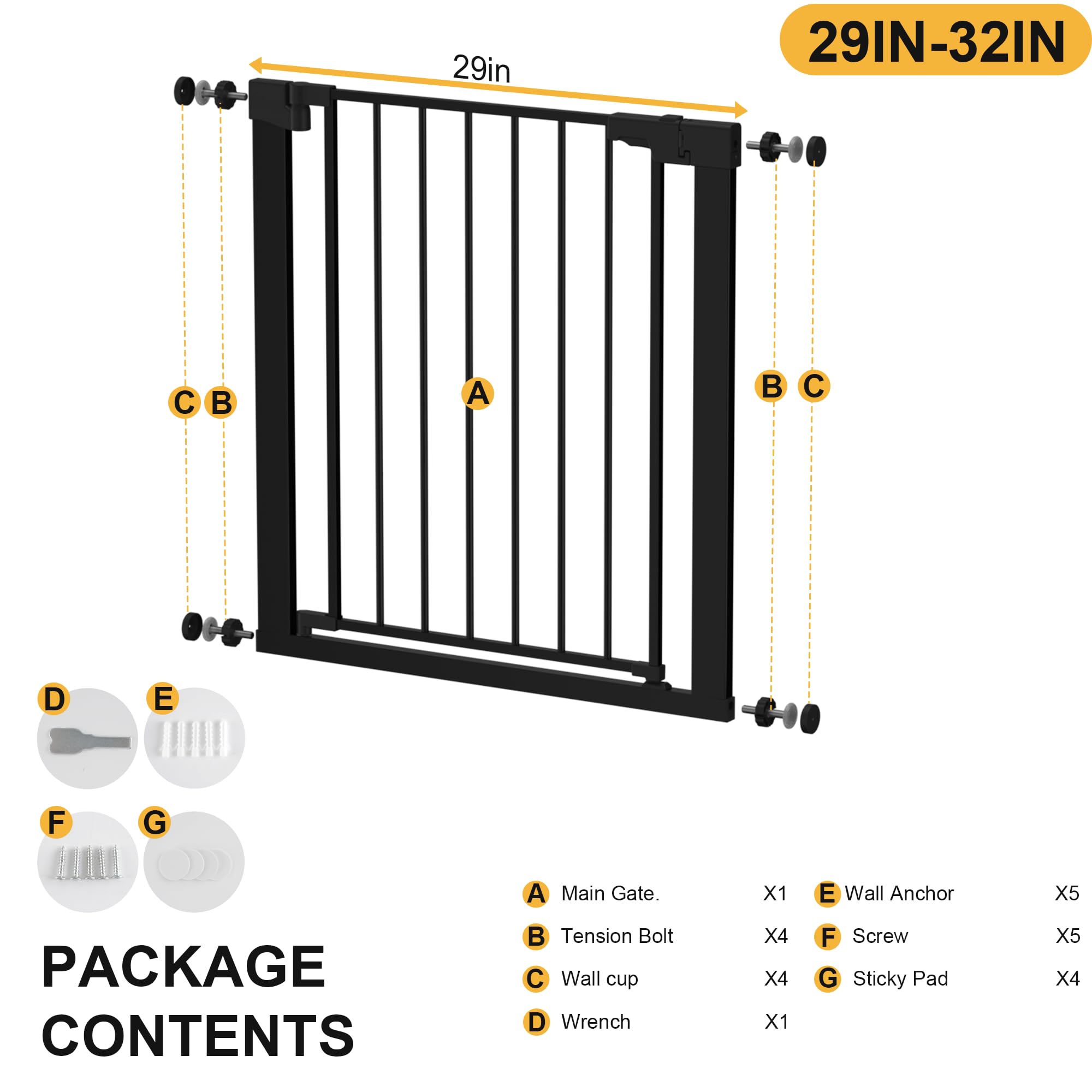 Metal Baby Gate for Stairs and Doorways 30 Inches Tall Pressure Mounted Auto-Close Black $36.75