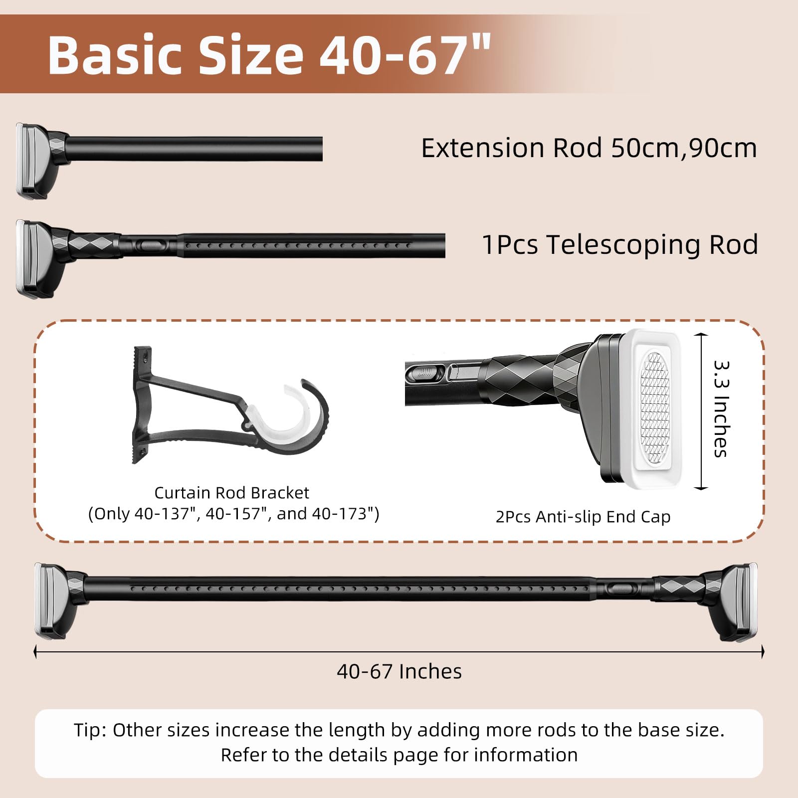 Black Adjustable Tension Shower Rod 40-87 inch Supports 30lbs
